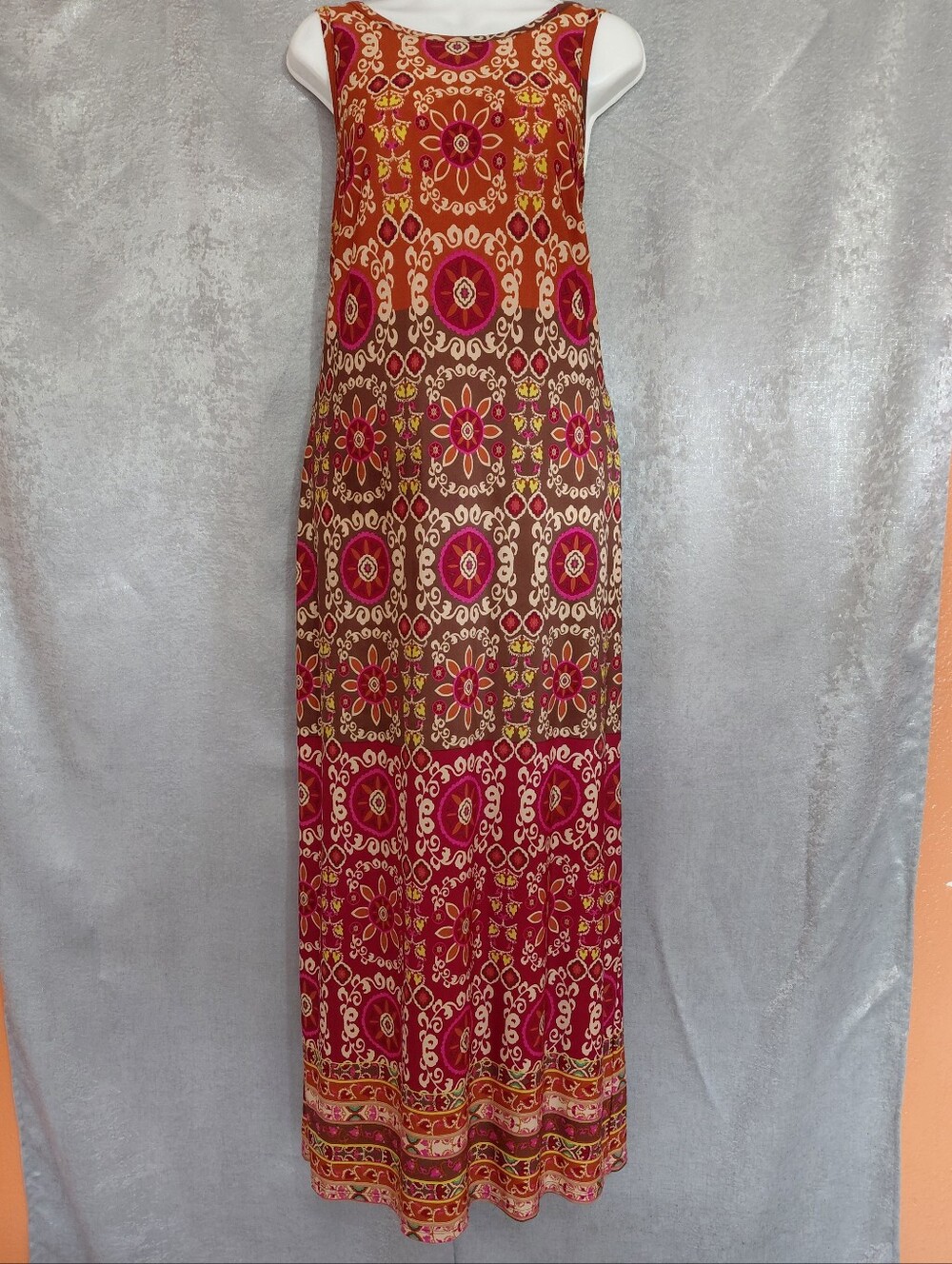 MSK women Sleeveless Printed Maxi Dress Retro Geometric Ombre Long Dress Sz L